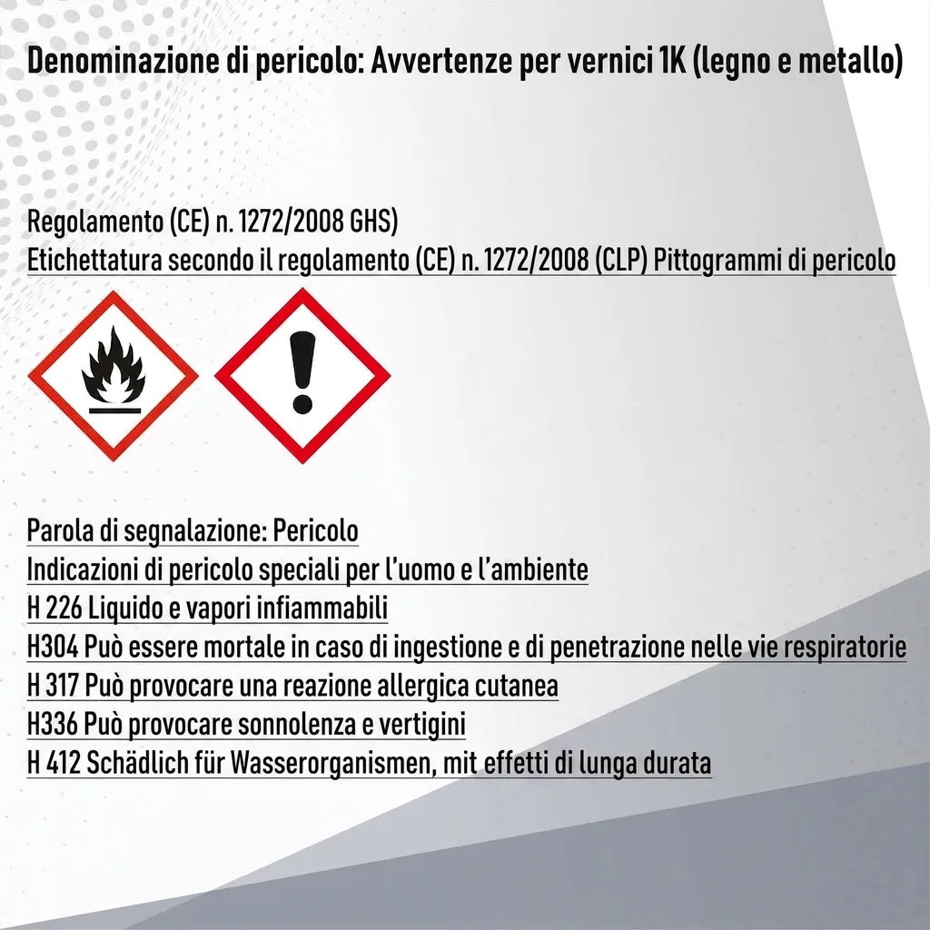 Avvertenze sui pericoli per vernici 1K (legno e metallo), inclusi pittogrammi GHS e frasi H come infiammabilità e tossicità.