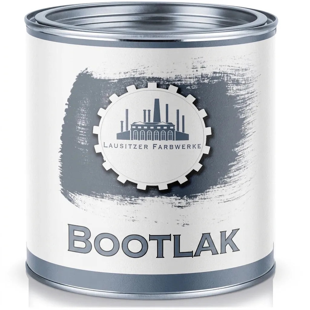 Grijze verfblik, 'Bootslack' (bootvernis) van Lausitzer Farbwerke, met een grijs kwaststreeklogo.
