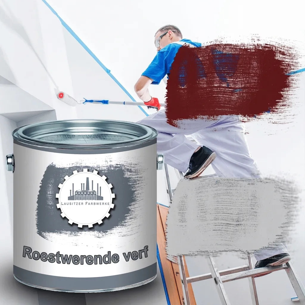 Schilder schildert muur, blik Lausitzer Farbwerke roestwerende verf met fabriek logo en tekst ROSTSCHUTZFARBE.