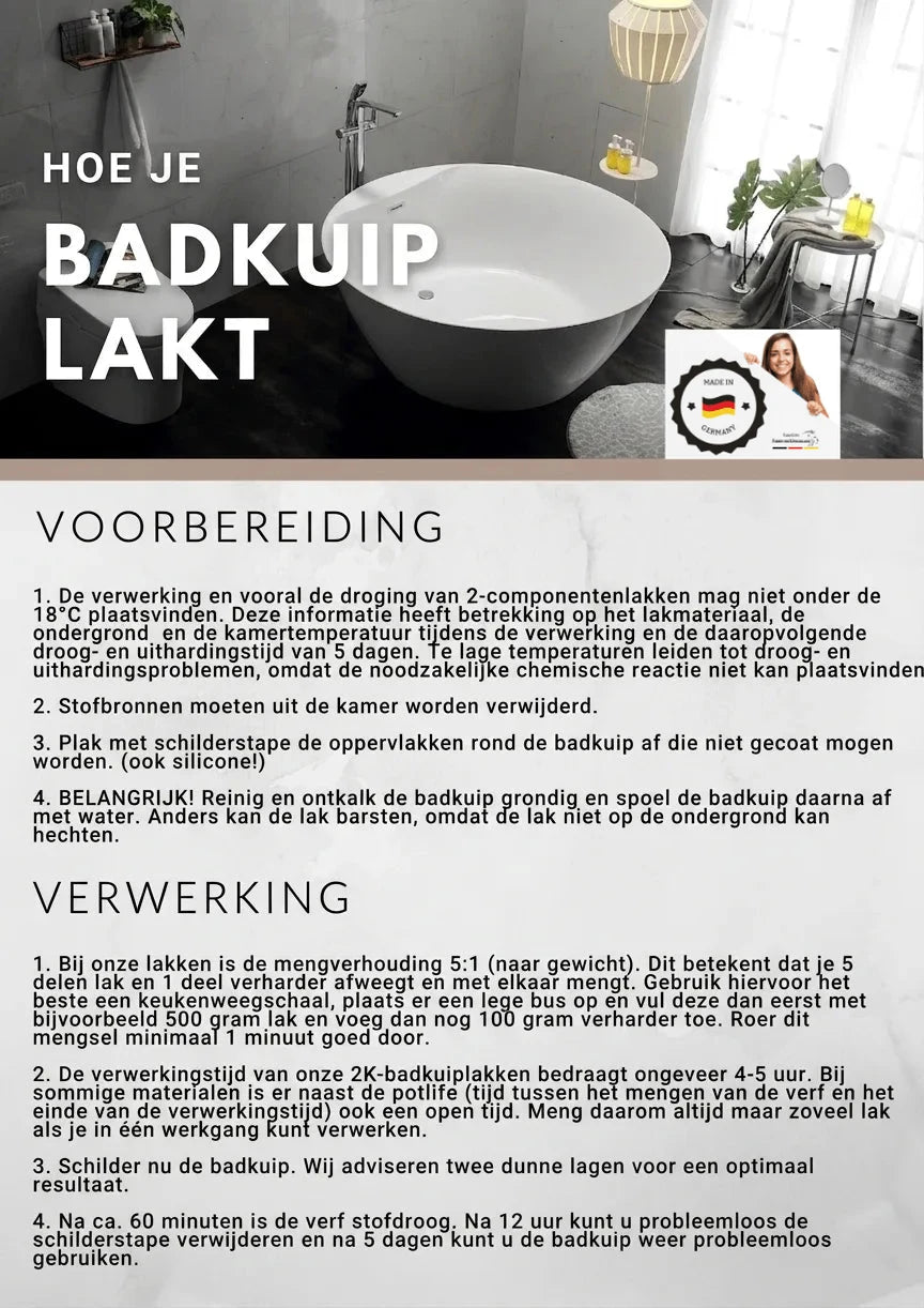 Duitse handleiding voor het schilderen van een badkuip, inclusief stappen voor voorbereiding en verwerking.