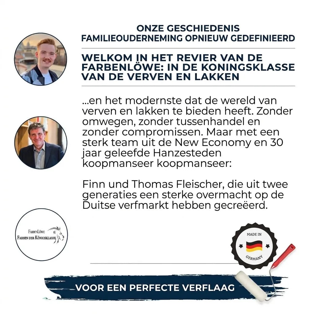 Bedrijfsgeschiedenis van FarbenLöwe met portretten van Finn en Thomas Fleischer, over familiebedrijf en kwaliteitsverf.