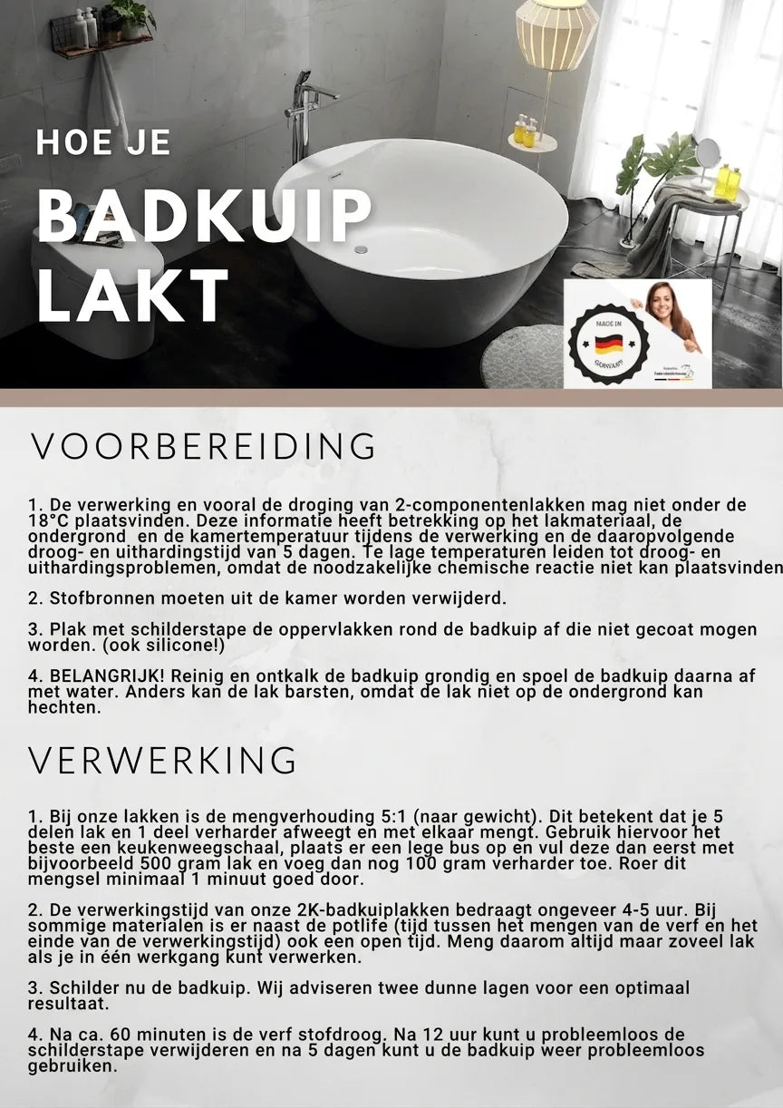 Duitse handleiding voor het schilderen van een badkuip, inclusief stappen voor voorbereiding en verwerking.