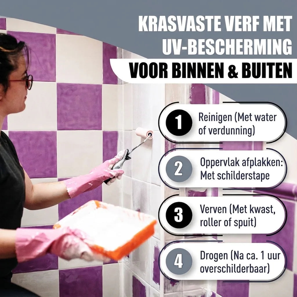 Duitse tekst: Krasvaste verf met UV-bescherming voor binnen en buiten. Handleiding: reinigen, afplakken, schilderen, drogen.