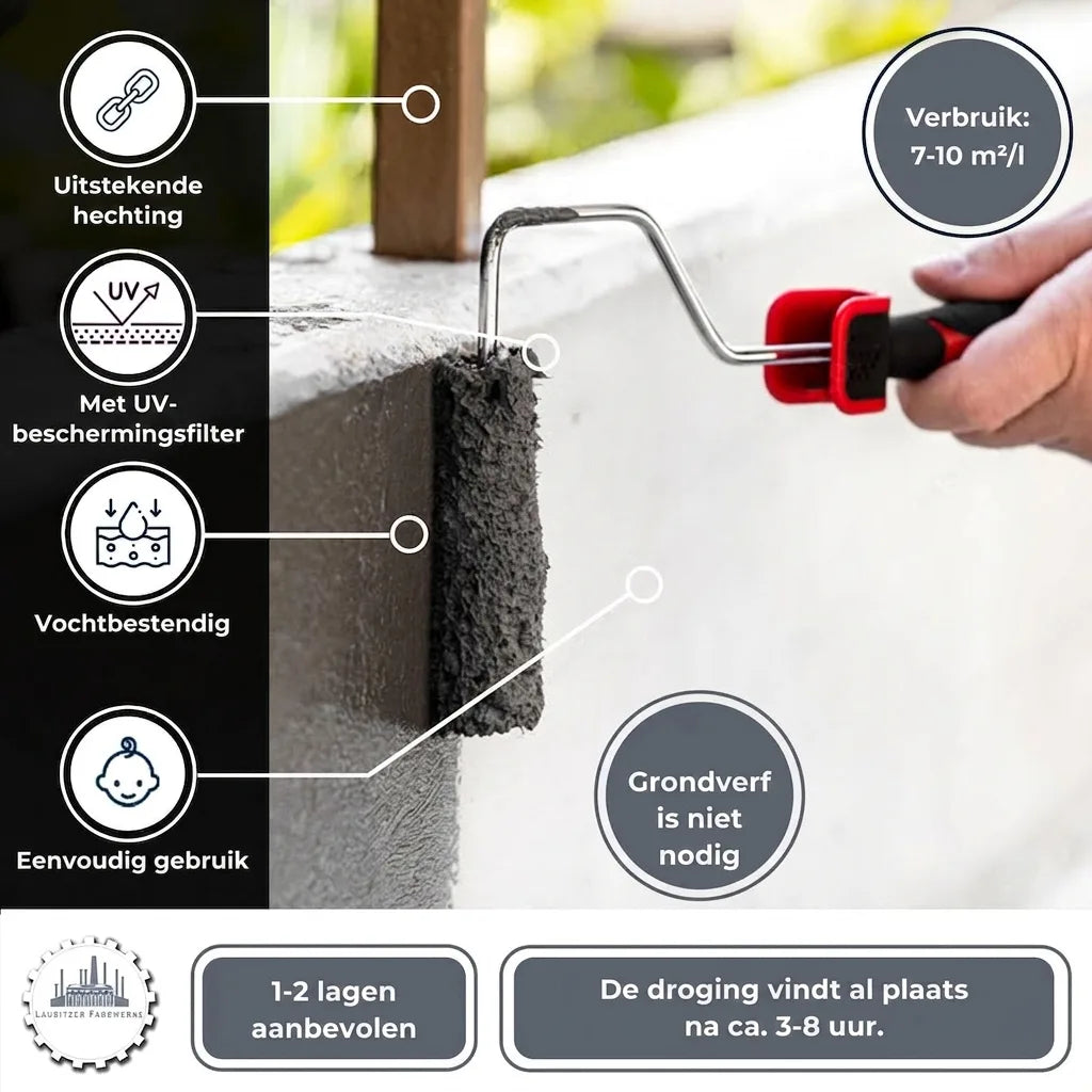 Man brengt donkergrijze coating aan op beton met roller. Kenmerken: uitstekende hechting, UV-bescherming, vochtbestendig, eenvoudig, geen pr