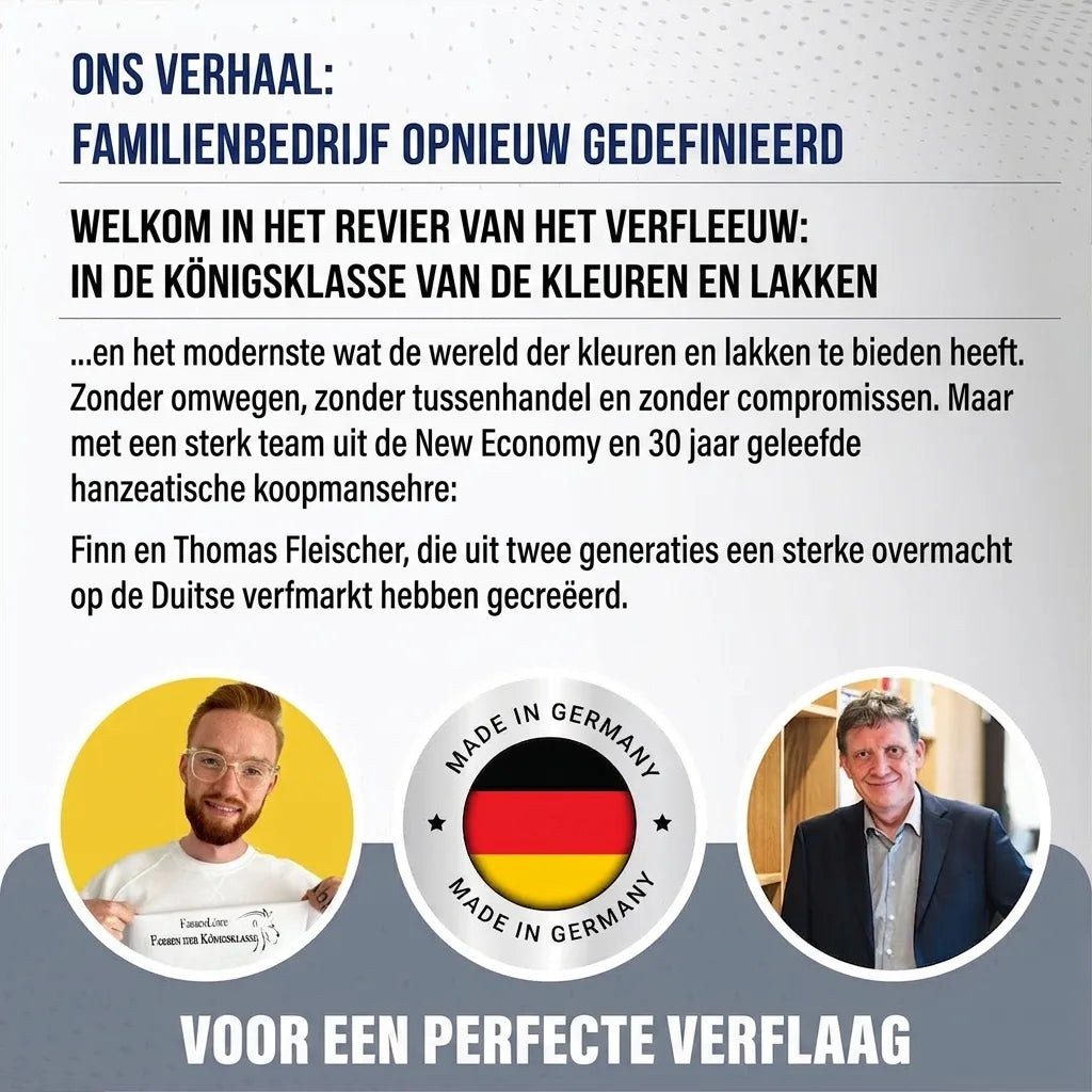 Verhaal van familiebedrijf Farbenlöwe, herdefinieert verf en lak. 'Made in Germany' kwaliteit, Finn en Thomas Fleischer. Perfecte verflaag.