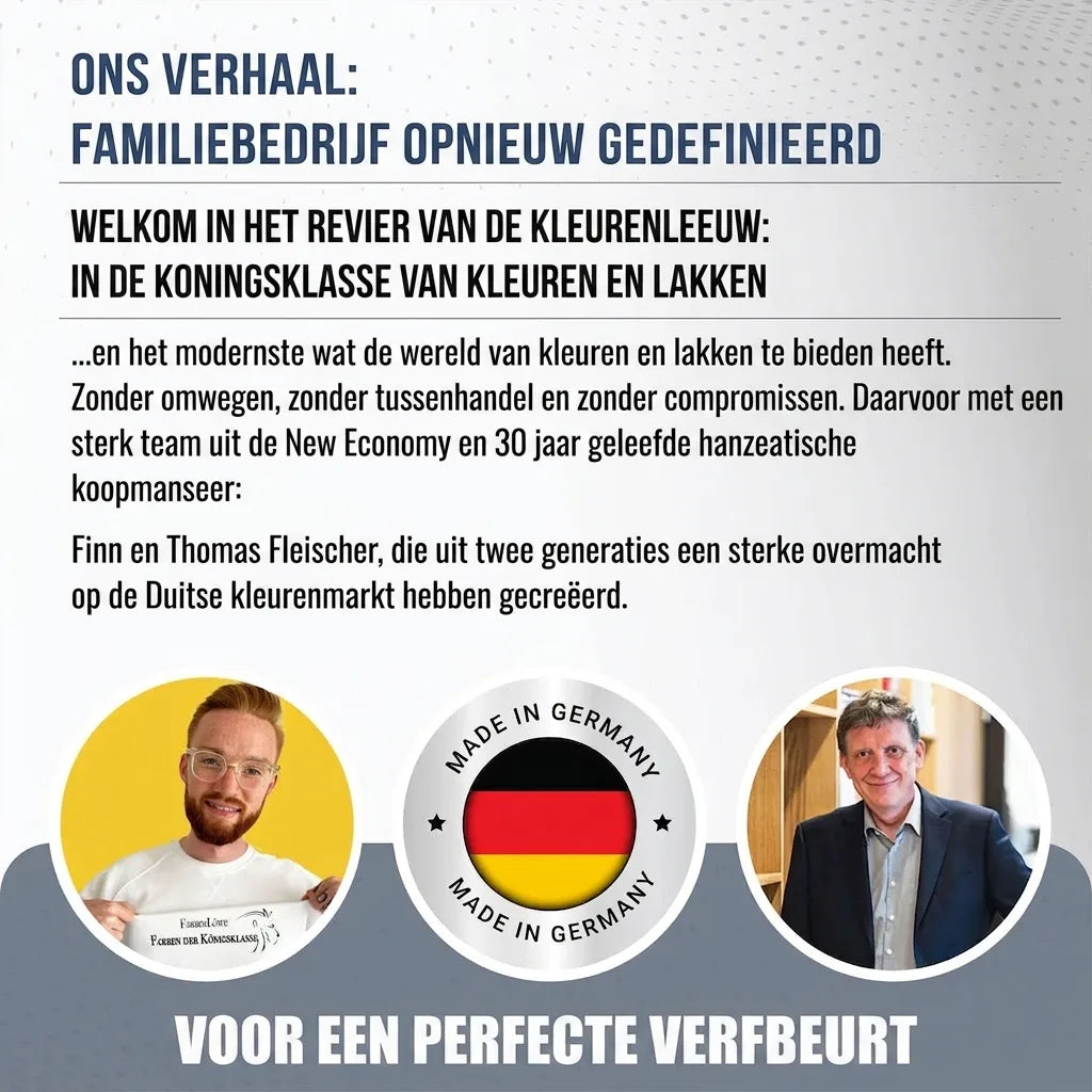 Farbenlöwe familiebedrijf: Duitse verven & lakken van topkwaliteit. Finn & Thomas Fleischer, generaties expertise.