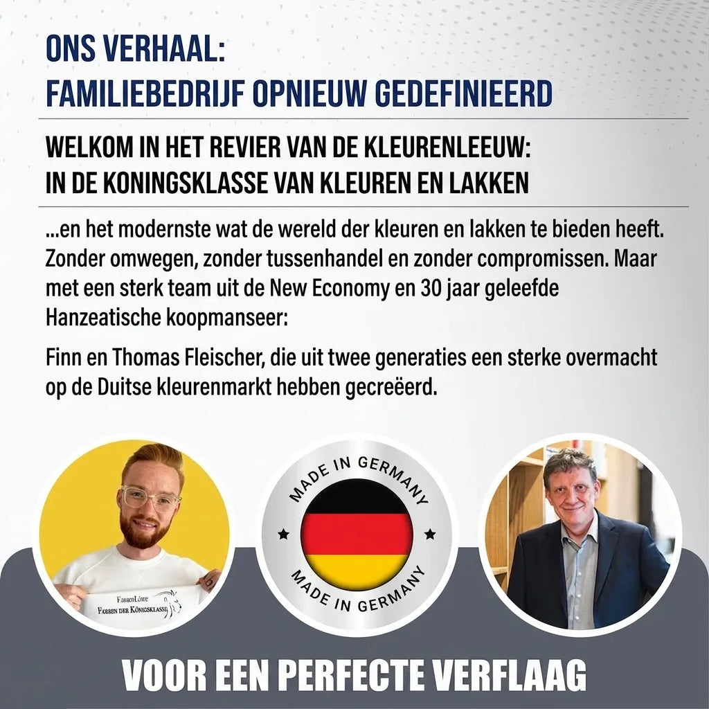 Duitse promotie van familieverfbedrijf Farbenlöwe met oprichters Finn en Thomas Fleischer en 'Made in Germany' label.