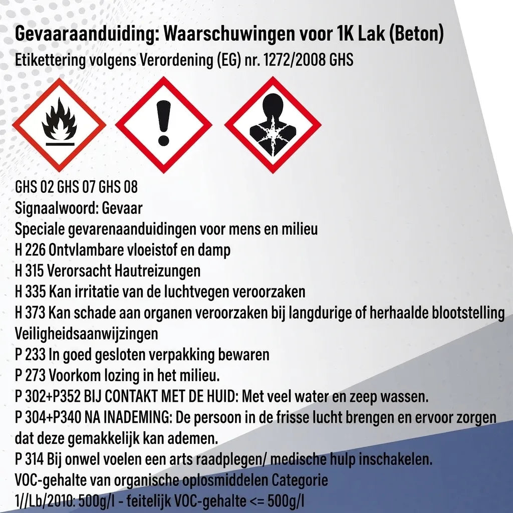 Veiligheidsinformatie en waarschuwingsetiket voor 1K lak (beton) met GHS pictogrammen, gevaren- en voorzorgsmaatregelen in het Duits.