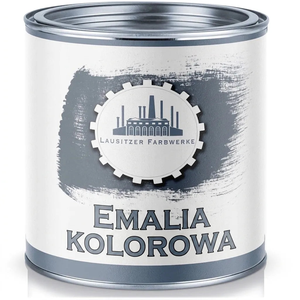 Puszka szarego lakieru BUNTLACK marki Lausitzer Farbwerke z pociągnięciem pędzla i logo fabryki.