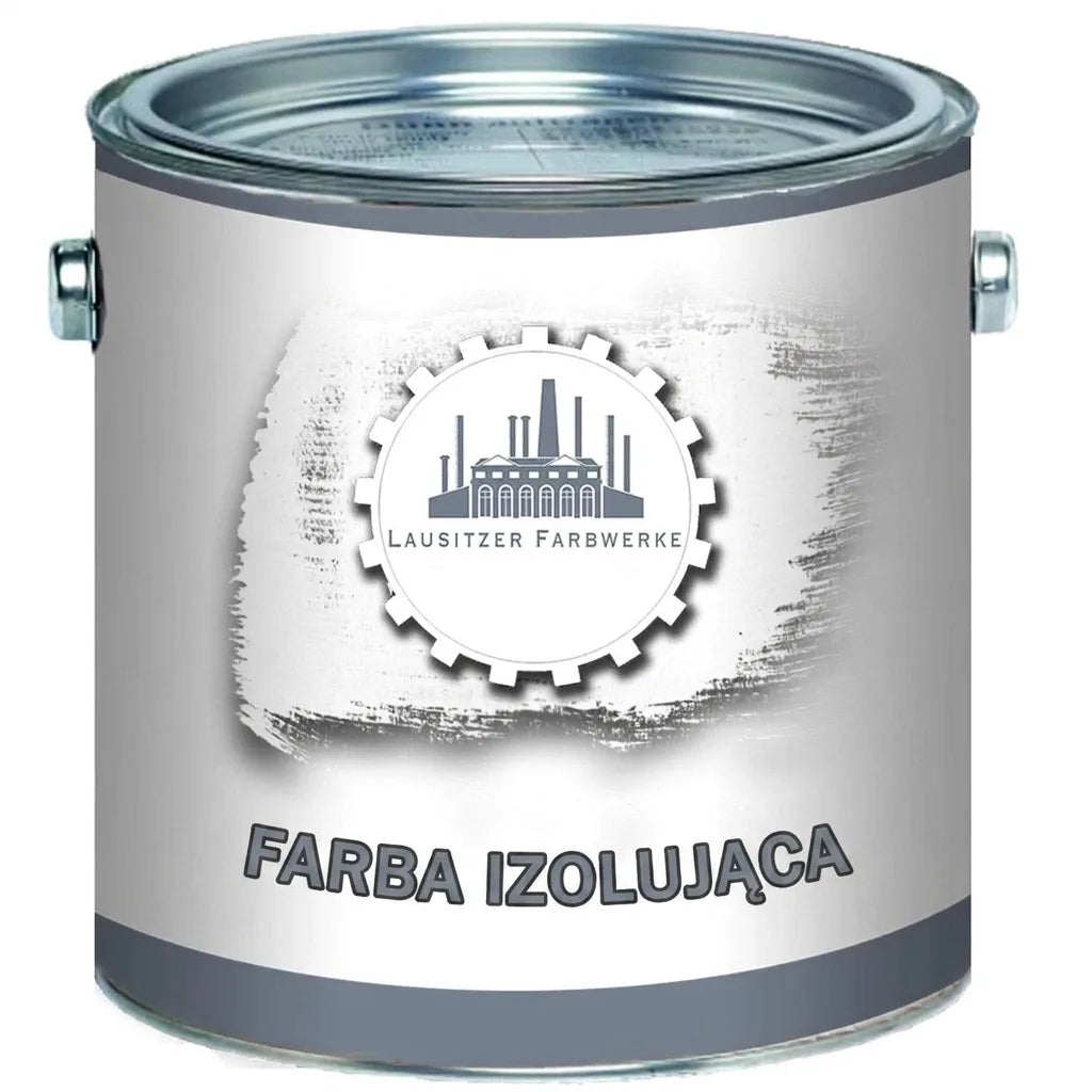 Puszka farby izolacyjnej Lausitzer Farbwerke z logo fabryki. Biała farba izolacyjna.