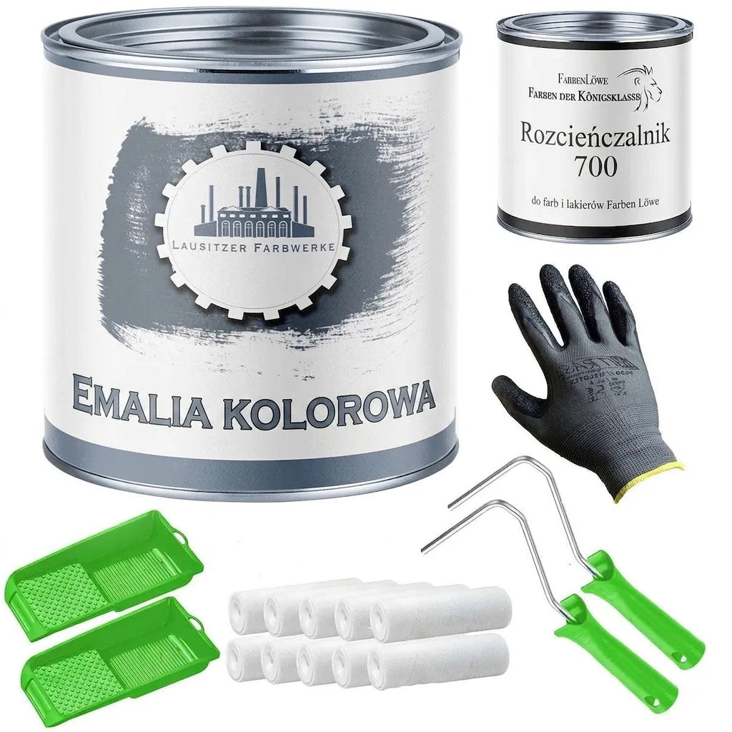 Kompletny zestaw do malowania: farba, rozcieńczalnik, rękawice, wałki malarskie, kuwety na farbę.