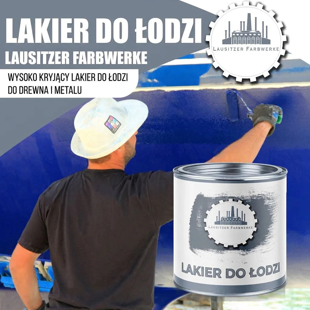 Mężczyzna malujący łódź niebieskim lakierem do łodzi Lausitzer Farbwerke, produkt do drewna i metalu.