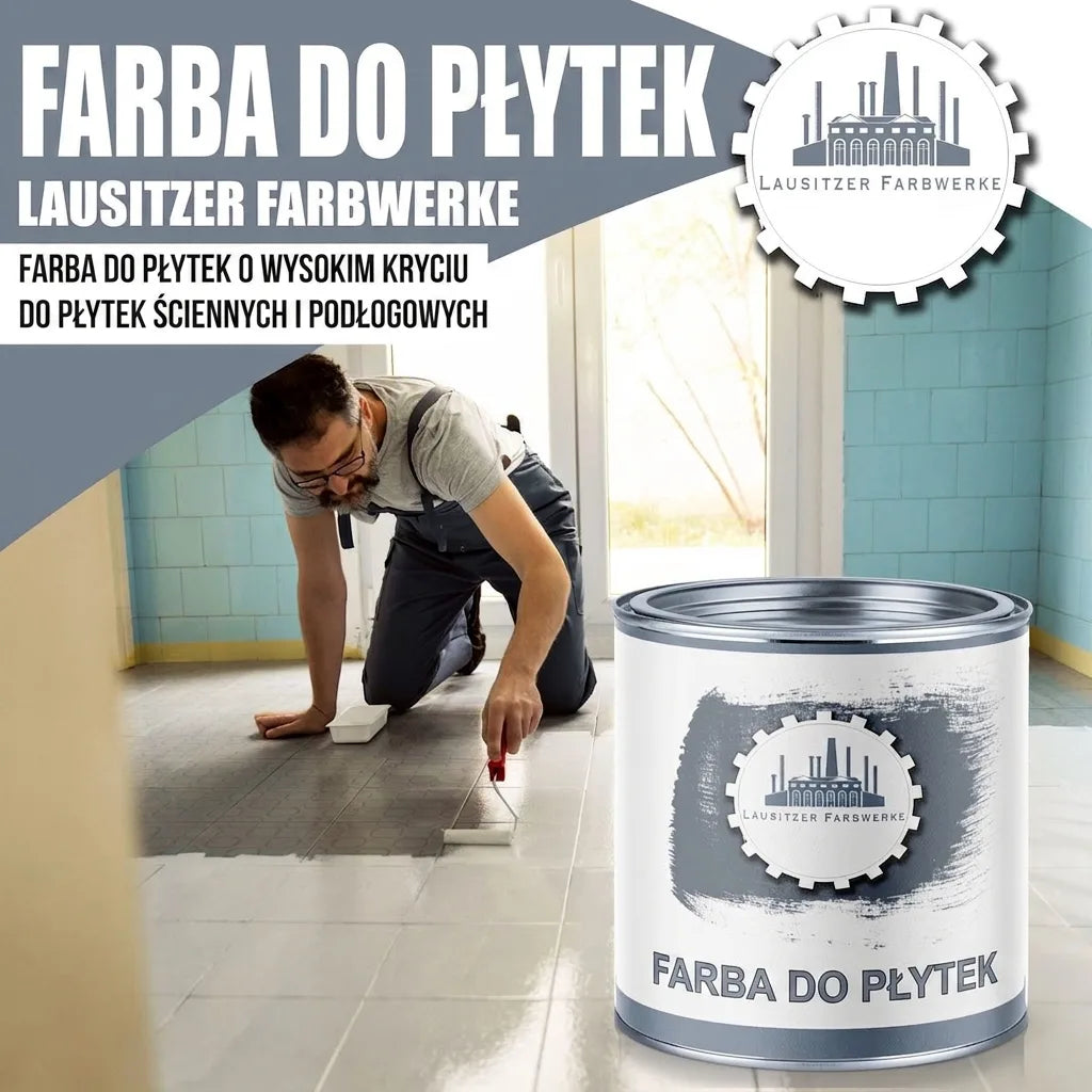 Mężczyzna malujący płytki. Puszka farby do płytek Lausitzer Farbwerke, wysokopokrywająca do ścian i podłóg.