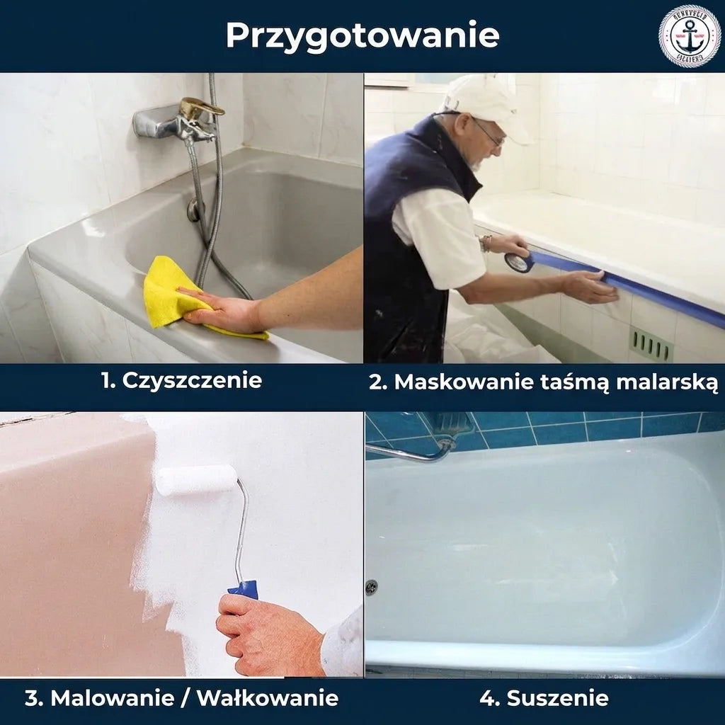 Instrukcja renowacji wanny: czyszczenie, zaklejanie taśmą, malowanie, suszenie.