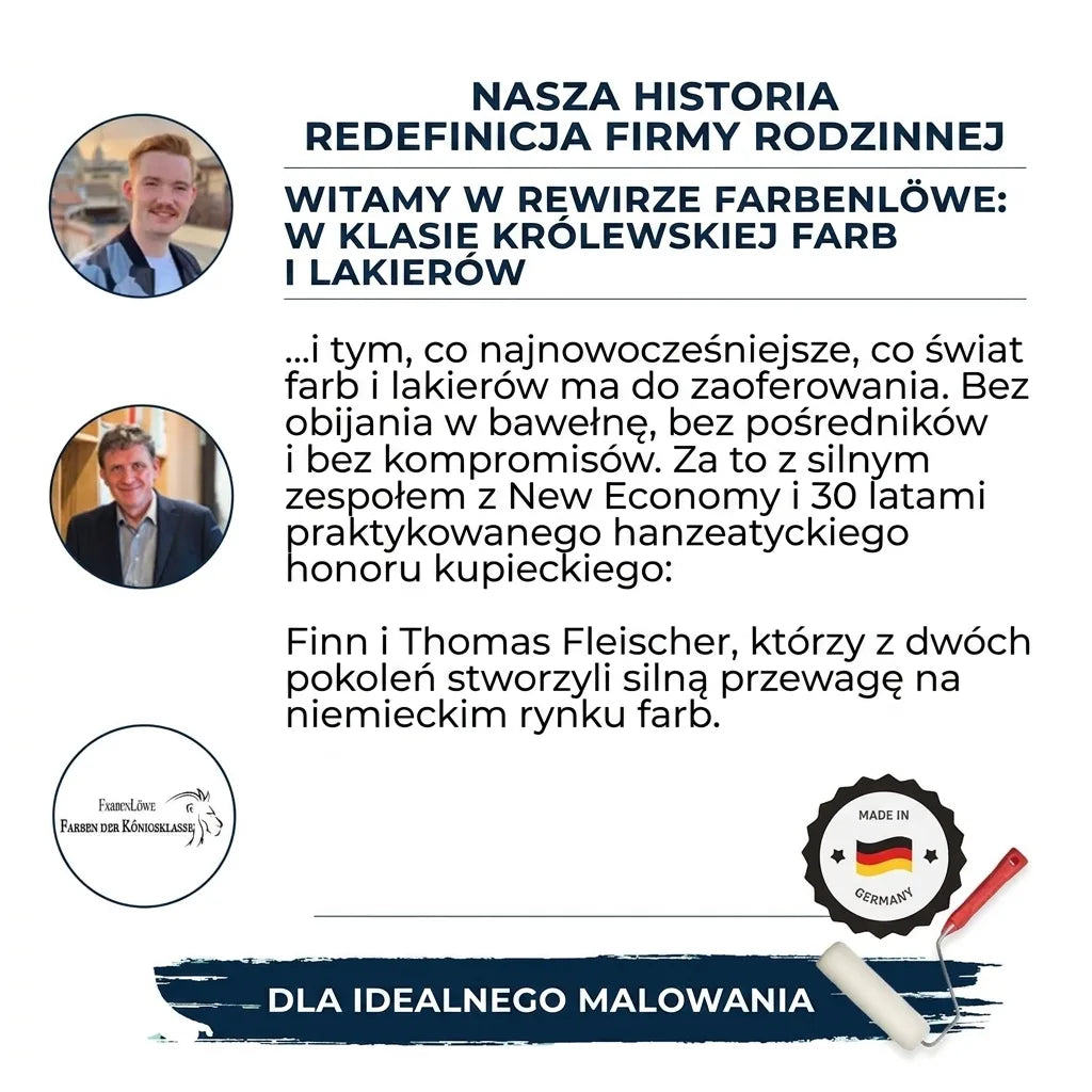 Reklama niemieckiej firmy rodzinnej Farbenlöwe, producenta farb i lakierów. Historia, założyciele, jakość, Made in Germany.