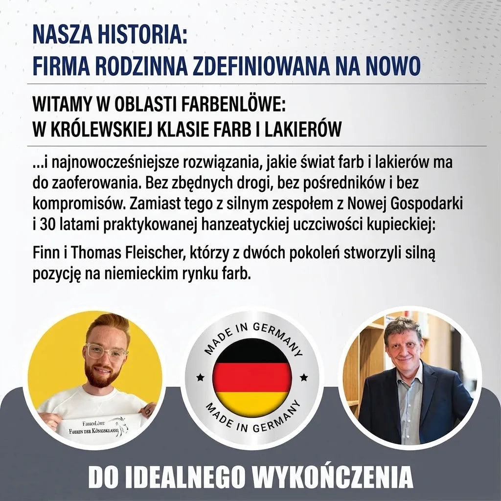 Opis niemieckiej firmy rodzinnej Farbenlöwe, producenta farb i lakierów. Widoczni Finn i Thomas Fleischer, logo Made in Germany.