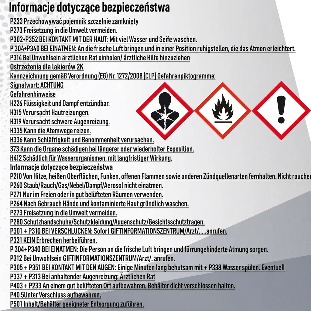 Niemieckie wskazówki bezpieczeństwa i piktogramy zagrożeń dla produktu.