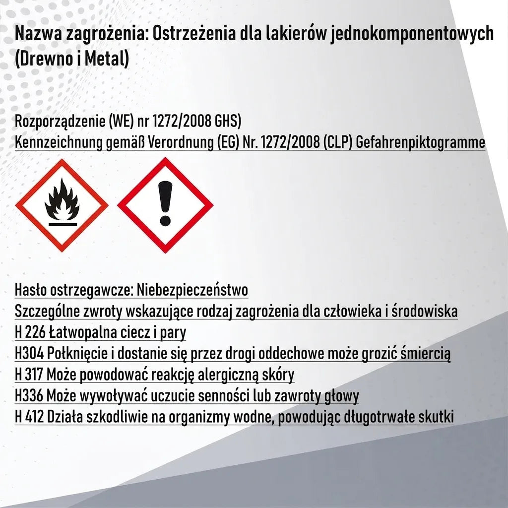 Etykieta bezpieczeństwa lakierów 1K (drewno, metal) po niemiecku: piktogramy i zwroty H.