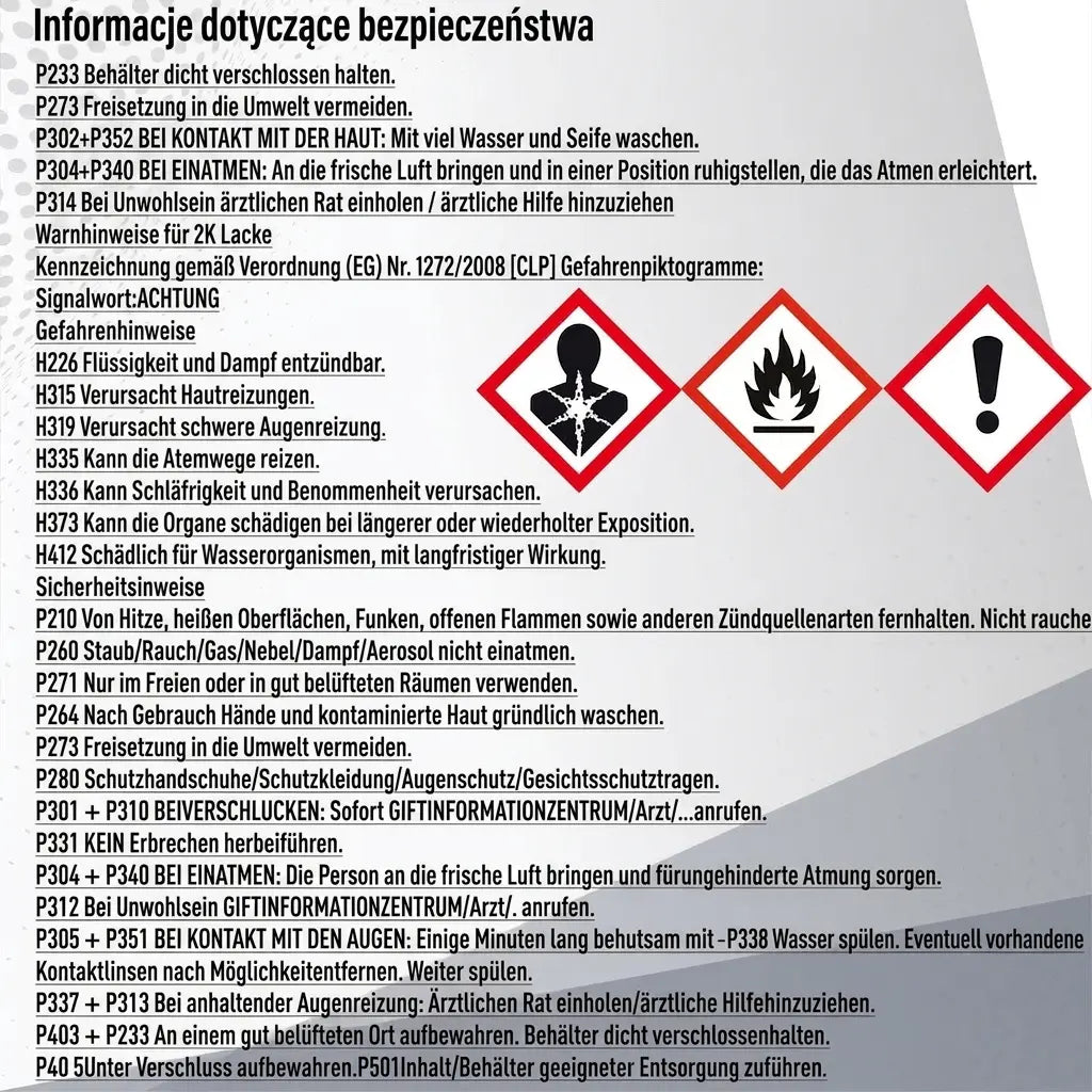 Niemieckie instrukcje bezpieczeństwa i piktogramy zagrożeń dla produktu chemicznego, w tym zasady pierwszej pomocy.