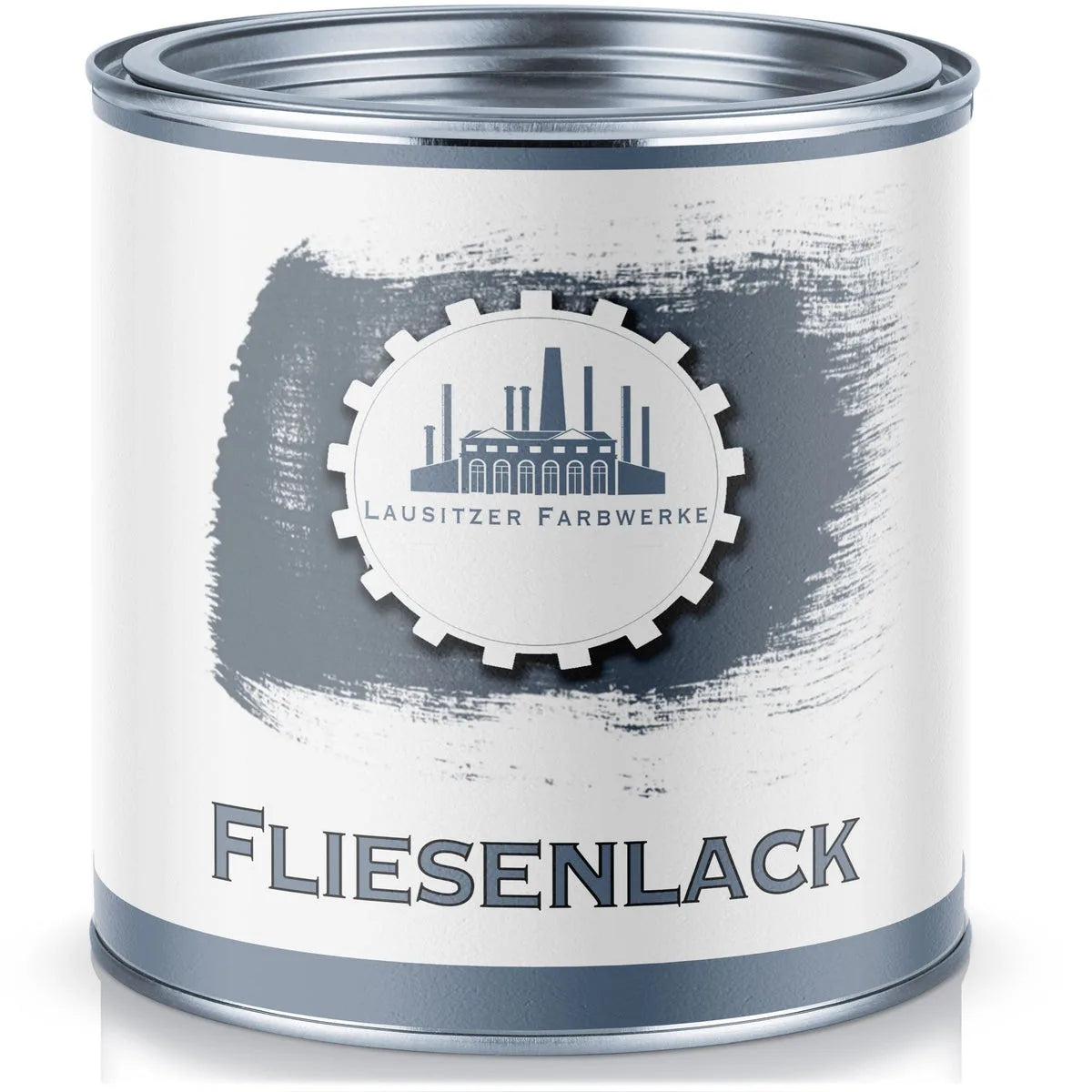 Målarburk med grå kakelfärg, märkt 'Fliesenlack' från Lausitzer Farbwerke, på vit bakgrund.
