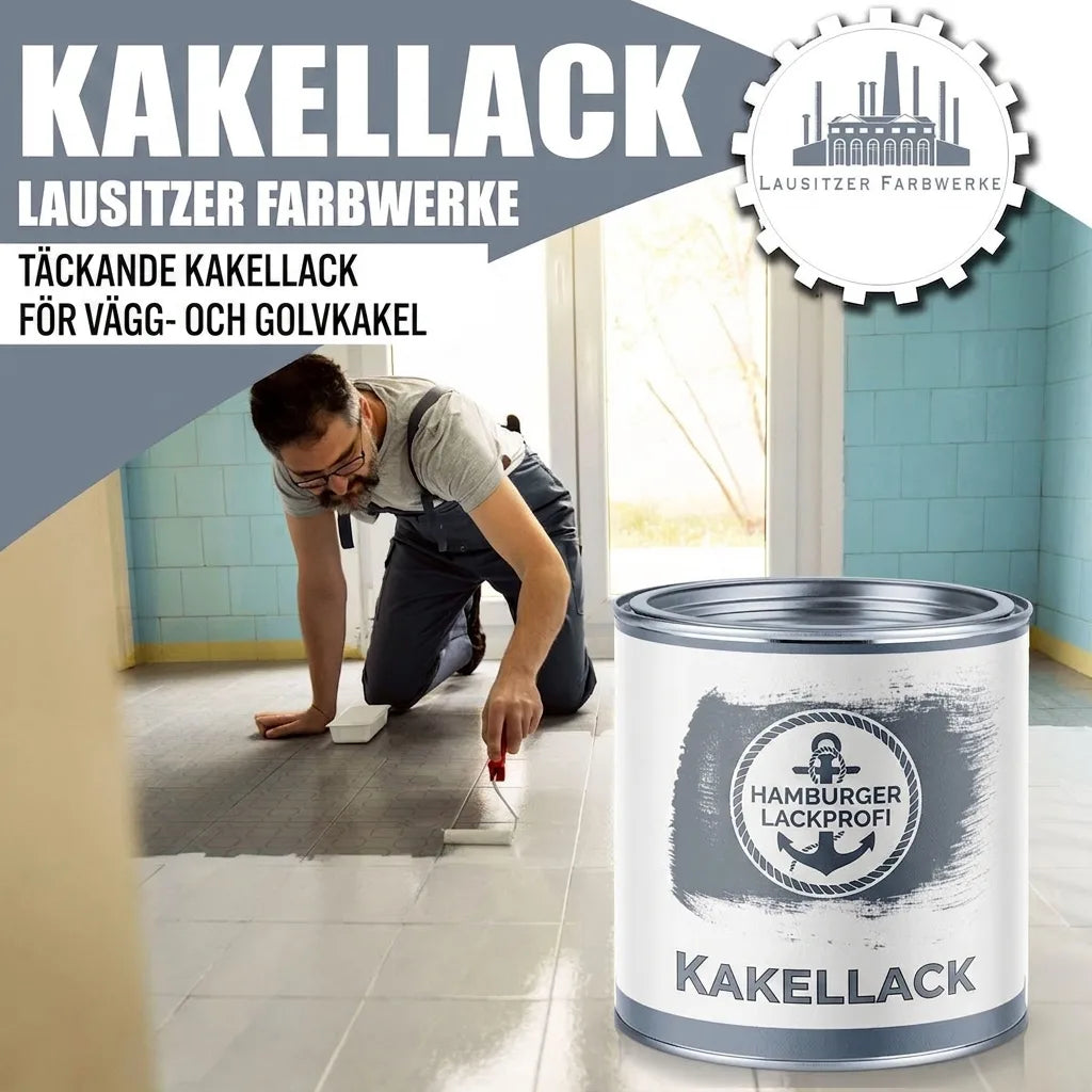 Man målar kakelgolv med högtäckande kakellack från Lausitzer Farbwerke, även för väggkakel. Burken är synlig.