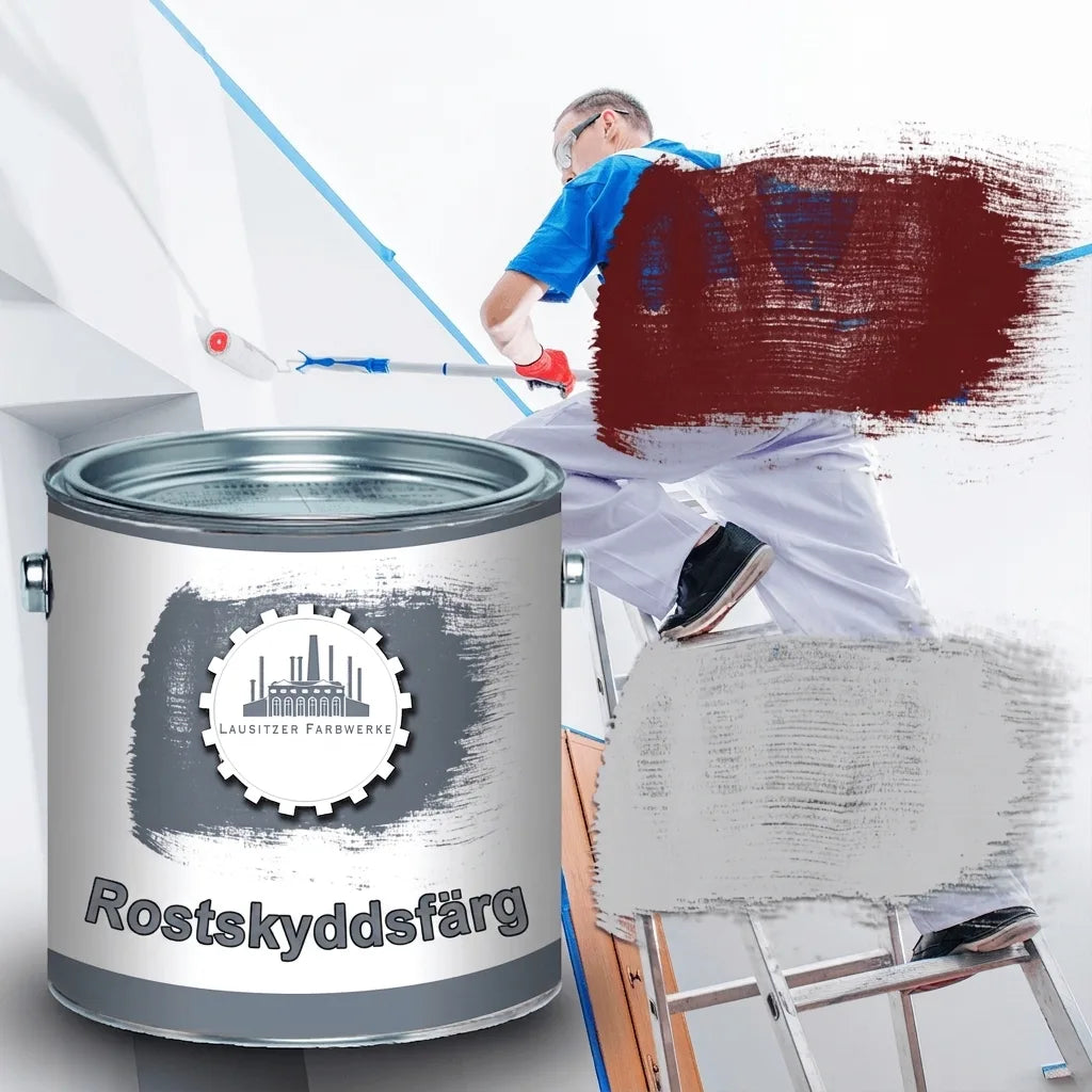 Målare på stege målar vägg. I förgrunden färgburk med etikett för rostskyddsfärg (ROSTSCHUTZFARBE).