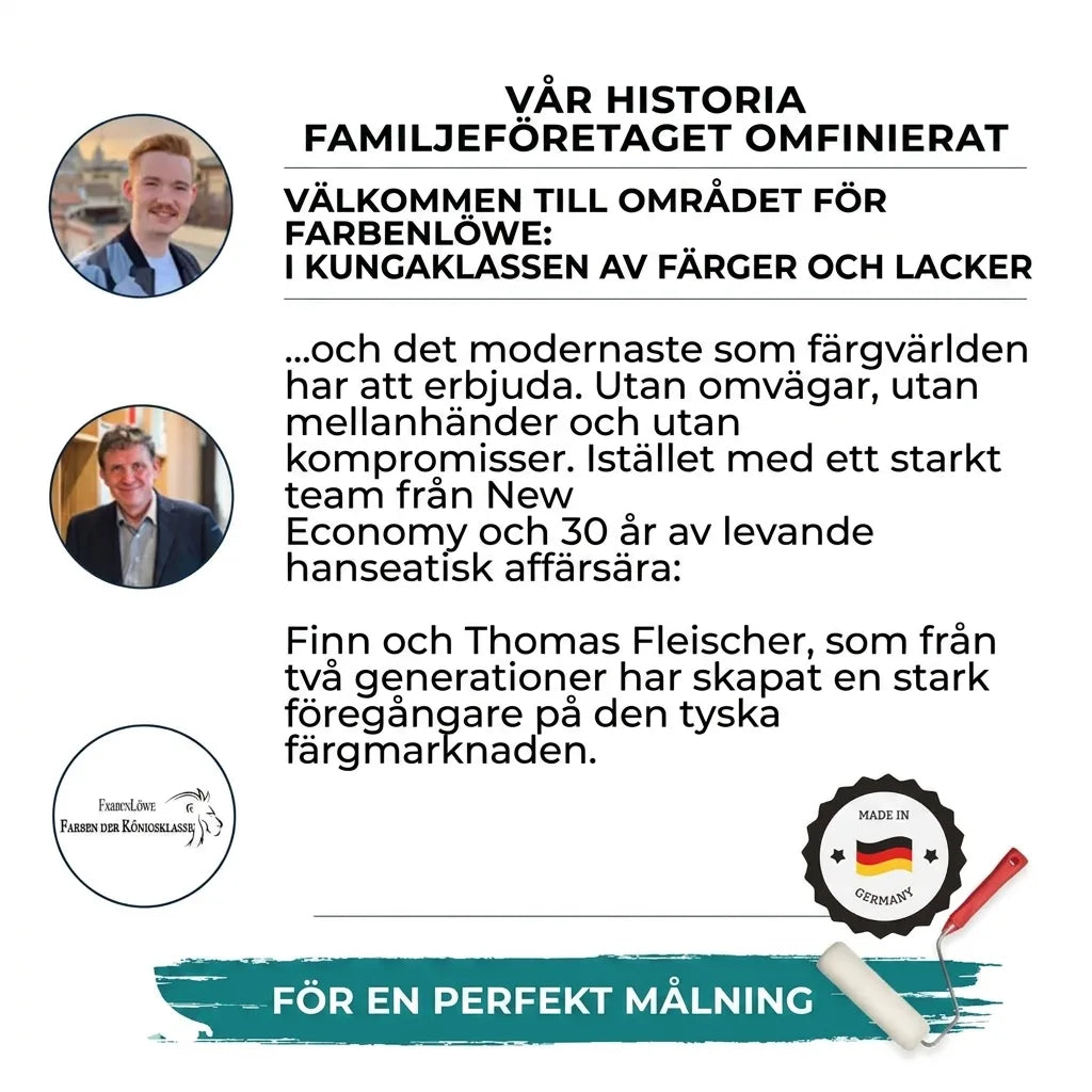 Bild med text om FarbenLöwe, ett tyskt familjeföretag i kungsklassen för färger och lacker, grundat av Finn och Thomas Fleischer. Innehåller