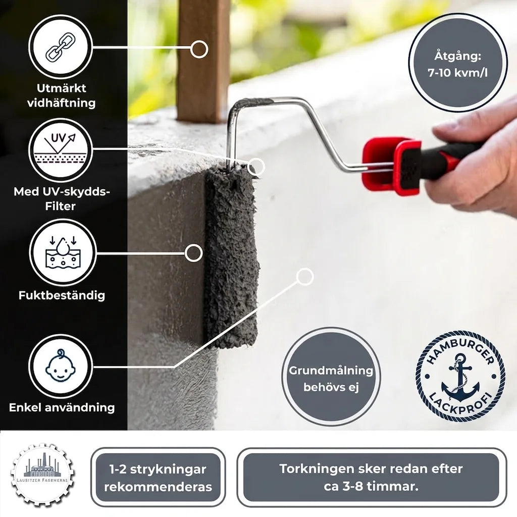 Mörk färg appliceras med roller på betongyta, framhäver UV-skydd, fukttålighet, ingen grundfärg och snabb torktid.