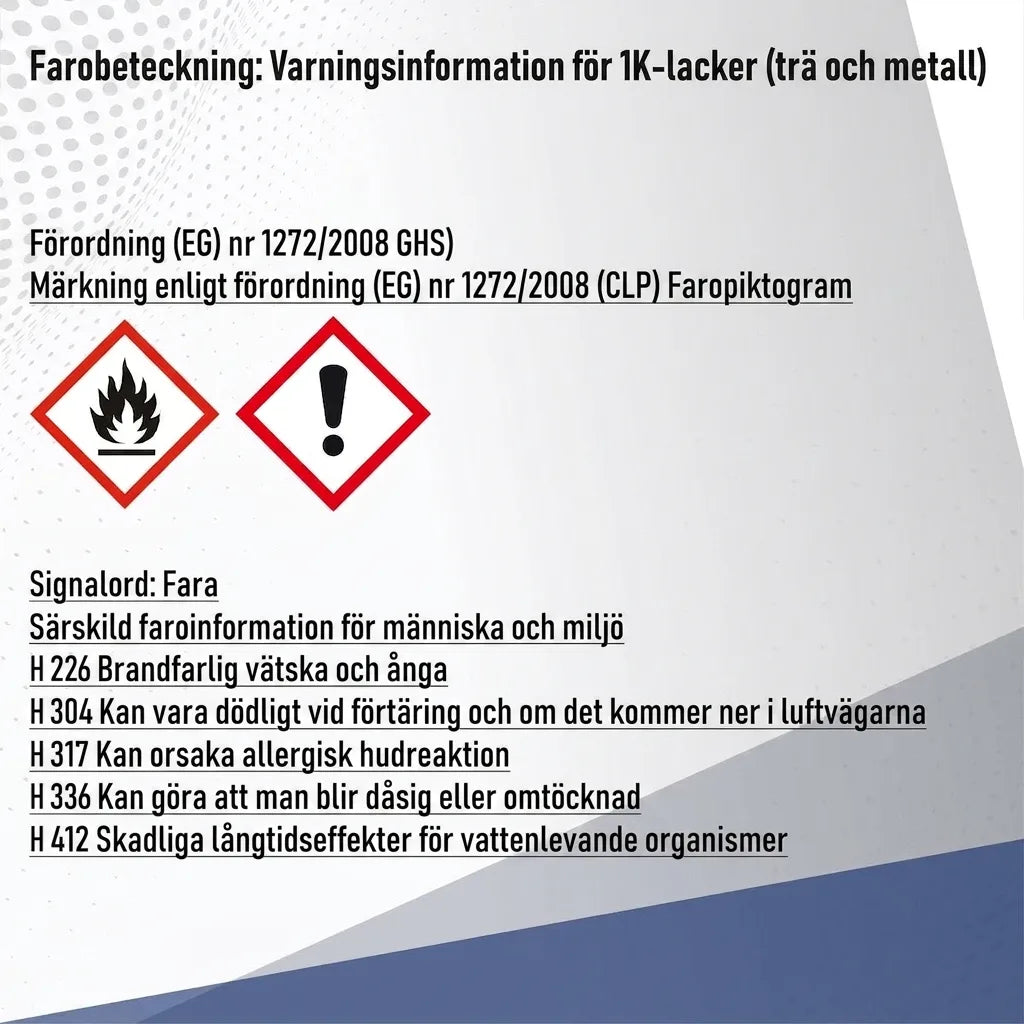 Faroetikett för 1K-lack (trä och metall) enligt GHS/CLP med varningssymboler och riskfraser.
