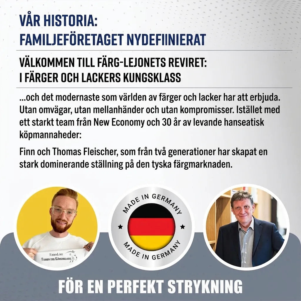 Informationssida om familjeföretaget Farbenlöwe, med porträtt av grundarna och tysk färgkvalitet.