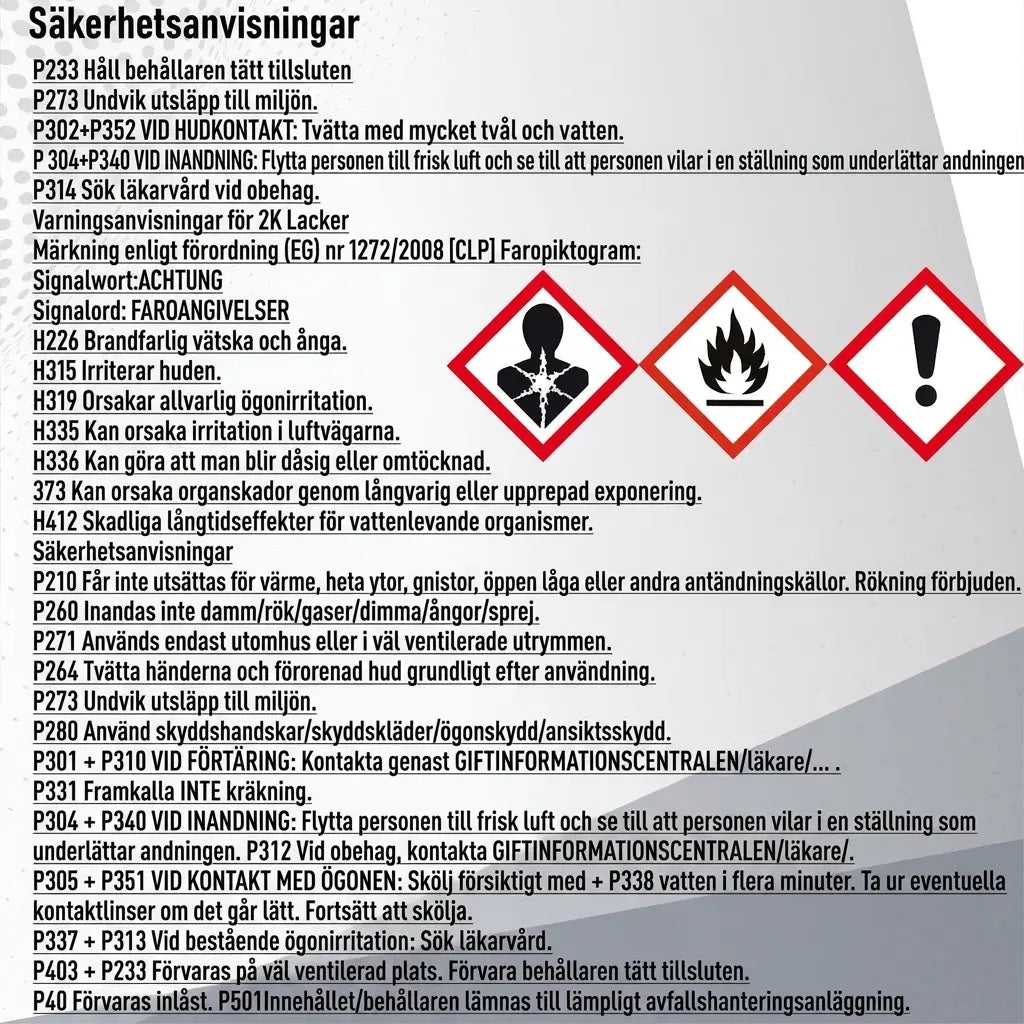 Tyska säkerhetsinstruktioner och faroangivelser för kemiska produkter med piktogram för hälsa, brand och allmän varning.