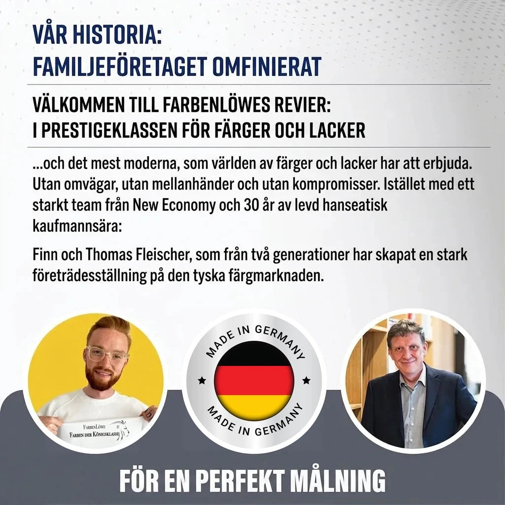 Bild på två män, Made in Germany-märke och text om ett familjeföretag som omdefinierar färgteknik.