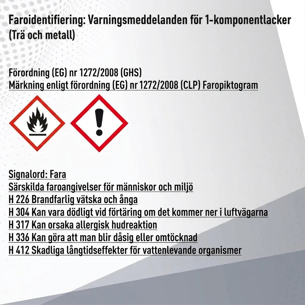 Varningsetikett för 1K lack (trä, metall) med GHS-faropiktogram och H-fraser om brand, hälsa, miljö.