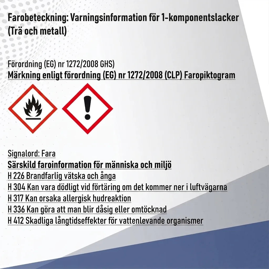 Varningsetikett för 1K lack (trä, metall) med GHS/CLP-faropiktogram: brandfara, irritation, hälsorisker.