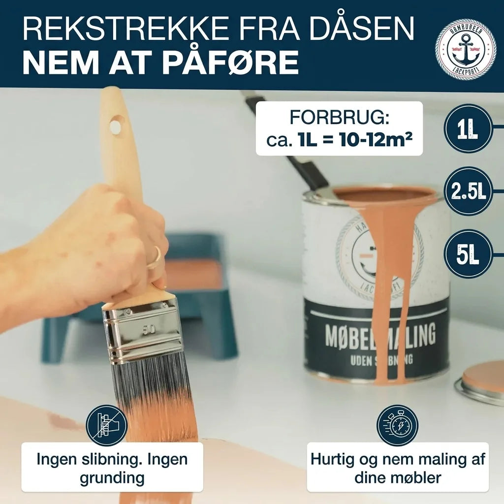 Person maler møbler med maling der ikke kræver slibning/grunding. Nem og hurtig; 1L dækker 10-12m².