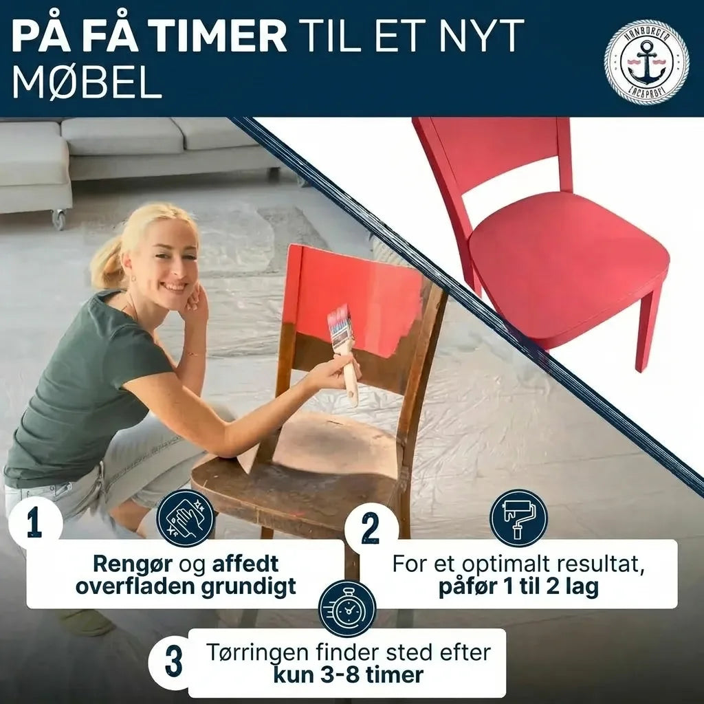 En kvinde maler en stol rød, som viser før- og efterresultatet af en rød stol. Trin-for-trin instruktioner om rengøring, påføring af 1-2 lag