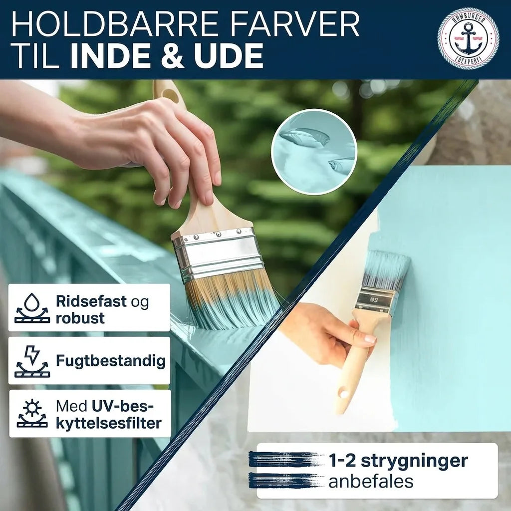 Holdbar maling til inde & ude. Ridsefast, fugtbestandig, UV-beskyttelse. 1-2 lag. En person maler med lyseblå maling.