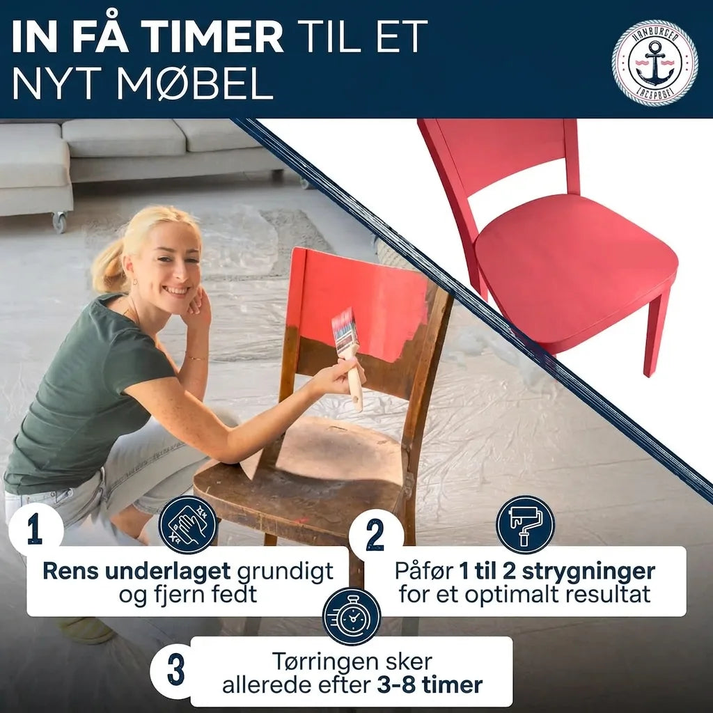 En kvinde maler en stol rød. Trin-for-trin guide til maling af møbler: Rens, påfør 1-2 lag, tørring 3-8 timer.