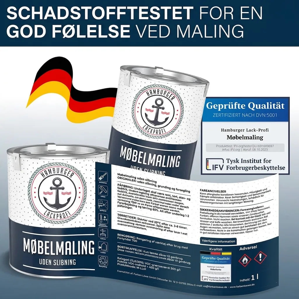 Møbelmaling fra Hamburger Lack-Profi, testet og certificeret for lavt indhold af skadelige stoffer, med detaljer.