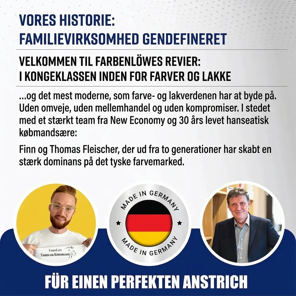 Tysk reklame for familieforetagendet Farbenlöwe, der redefinerer maling og lak. Viser Finn og Thomas Fleischer, 'Made in Germany'.