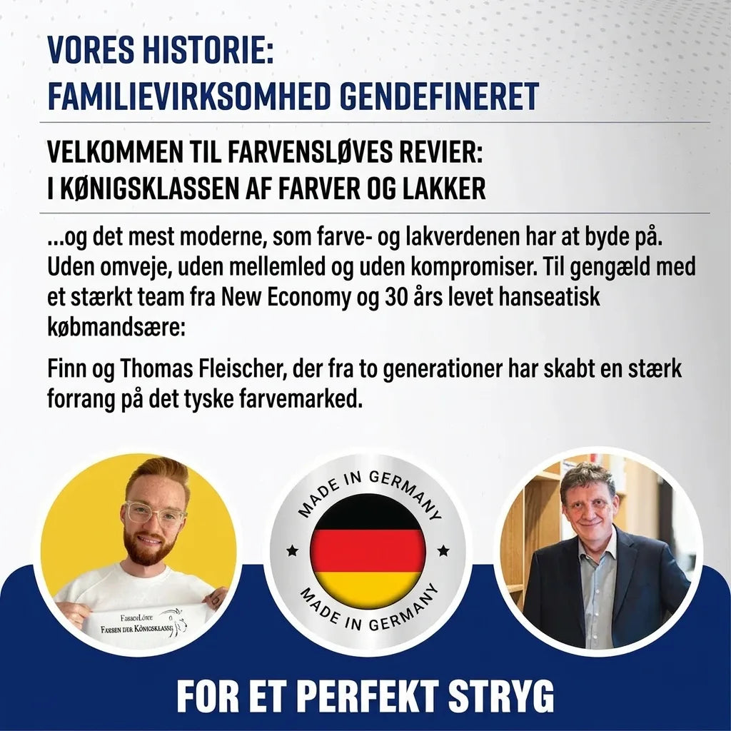 Farbenlöwe: Tysk familievirksomhed med Finn og Thomas Fleischer. Topkvalitets maling og lak, 'Made in Germany'.