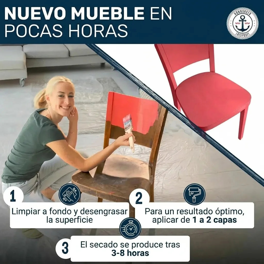Mujer pintando silla vieja, mostrándose transformada en roja. Incluye pasos para limpiar, pintar y secado rápido.