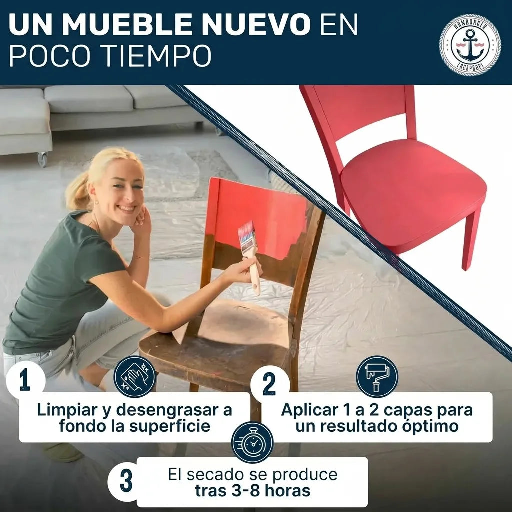 Mujer pintando una silla de madera de rojo, con pasos de bricolaje para renovar muebles fácilmente.