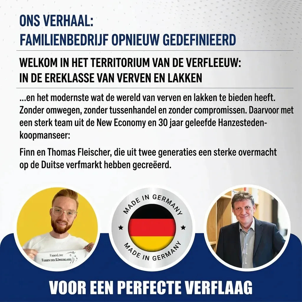 Dos hombres, Finn y Thomas Fleischer, fundadores de una empresa familiar de pinturas, con sello "Made in Germany".