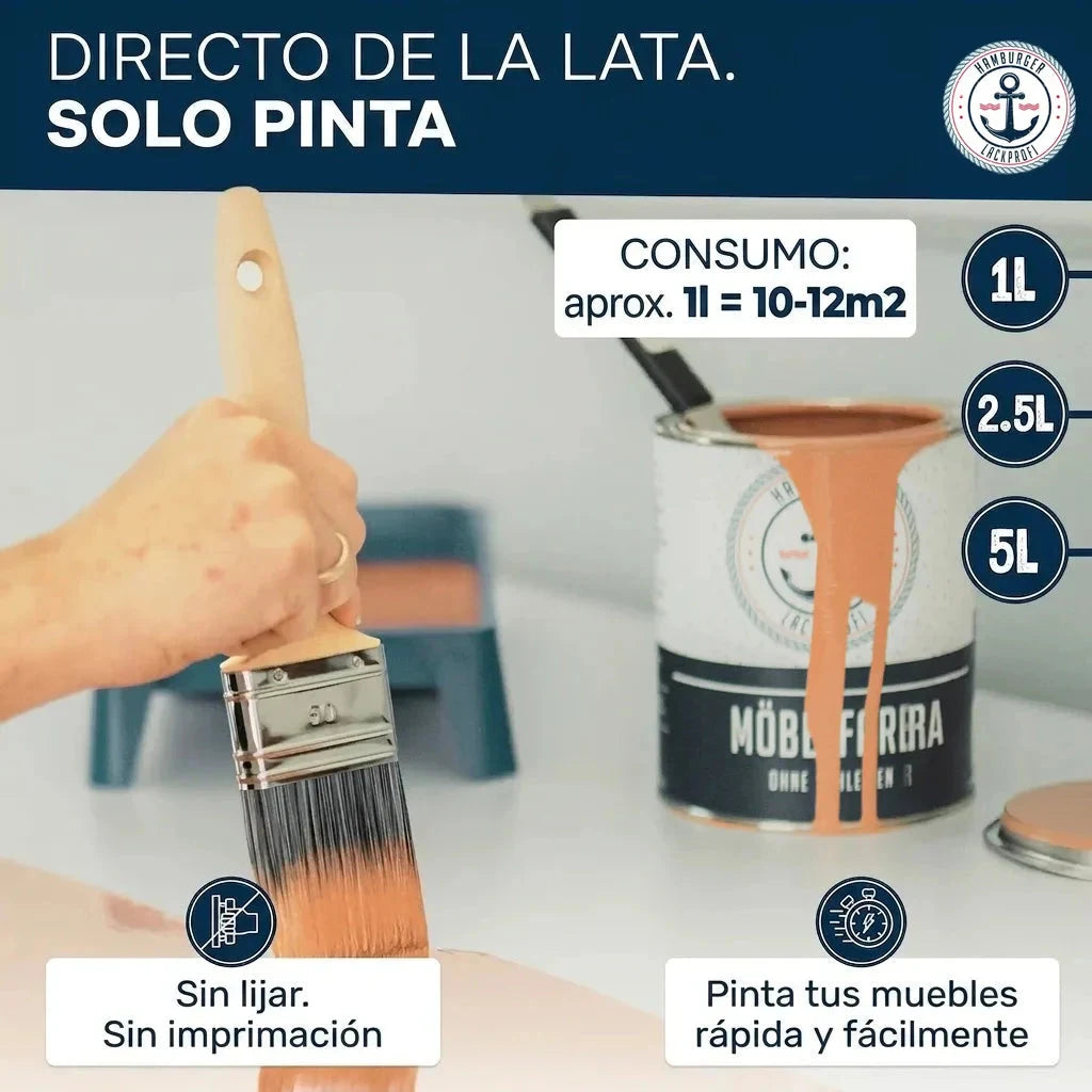 Pintura "MÖBEL FARBE" para muebles. Pincel aplicando pintura color salmón. Consumo: 1L = 10-12m2.
