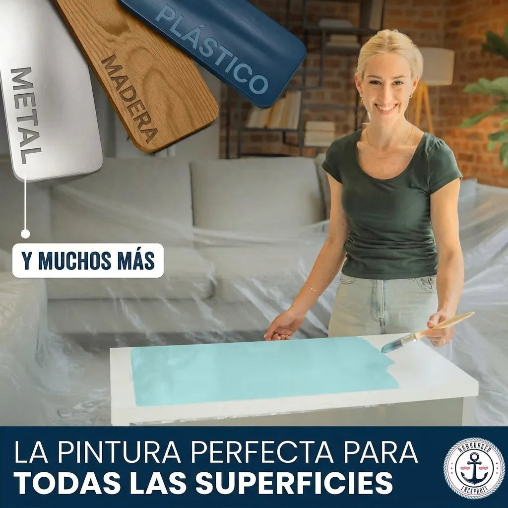 Mujer pintando mesa. Muestras de pintura para metal, madera, plástico. Esmalte perfecto para todas las superficies.