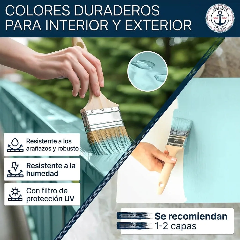Pintura azul para interiores y exteriores, duradera, resistente a arañazos, humedad y UV. Se recomiendan 1-2 capas.