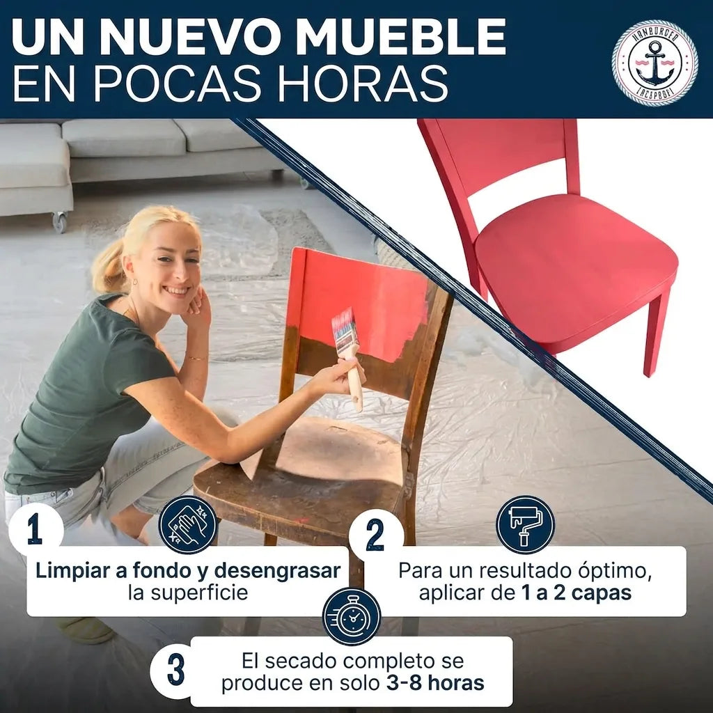 Mujer pintando una silla, mostrando cómo transformar muebles viejos en nuevos con pintura en pocas horas y pasos.