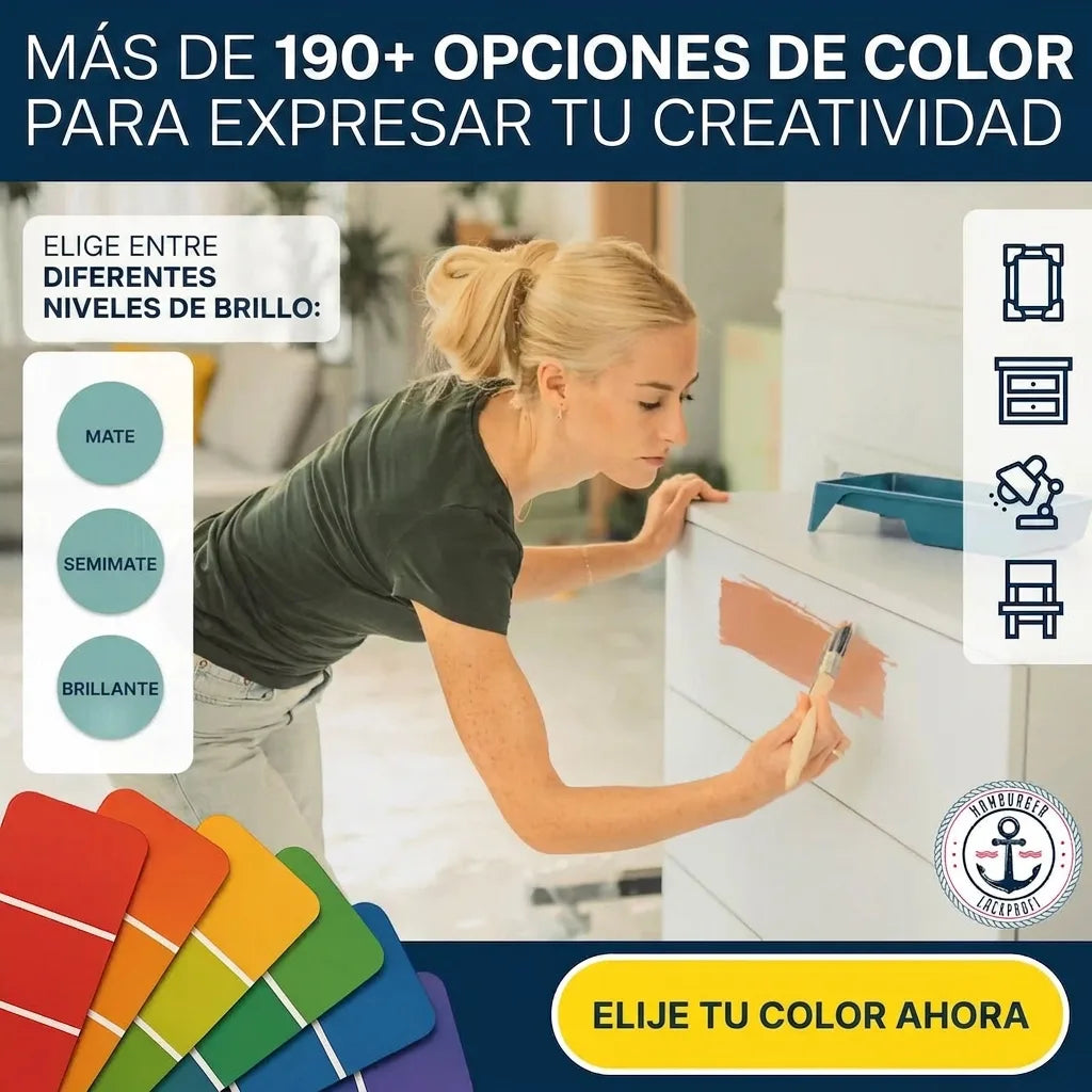 Mujer pintando un mueble con amplia gama de colores y acabados. Elige entre más de 190 opciones para tu proyecto.