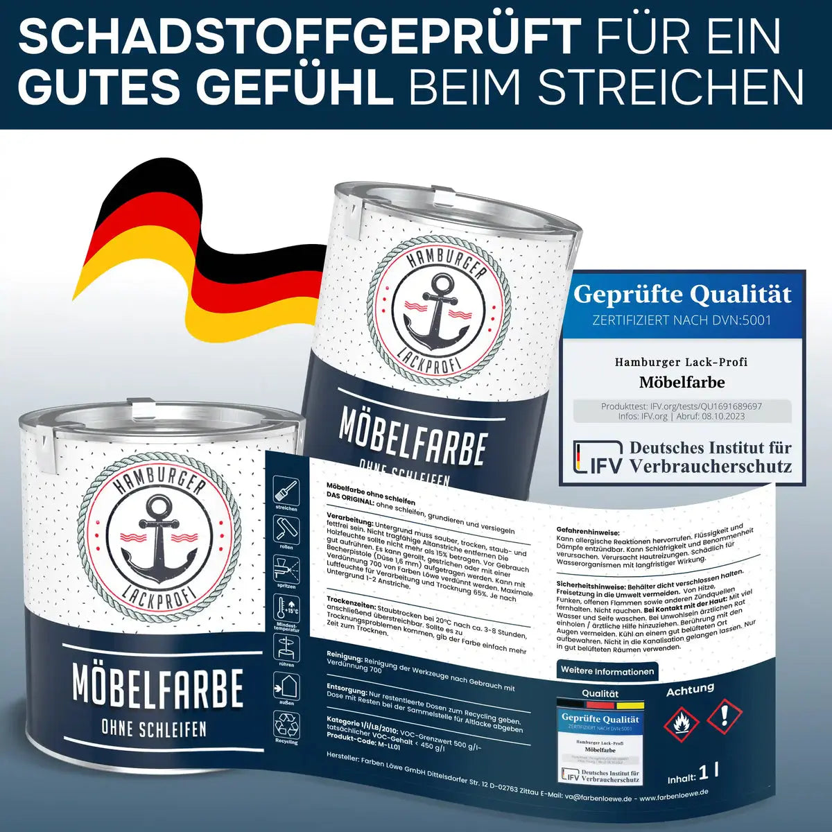 Latas de pintura para muebles Hamburger Lack-Profi, certificadas sin contaminantes por IFV y con instrucciones.